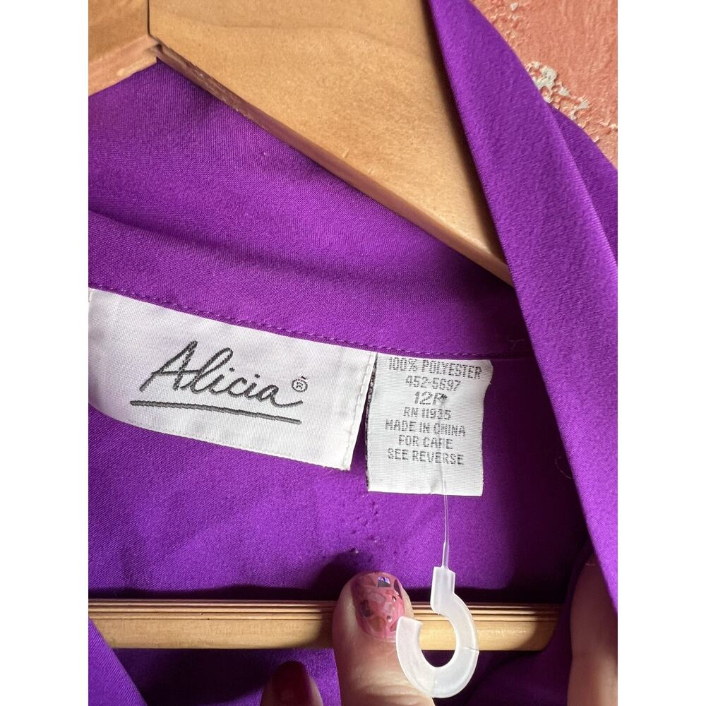 Vintage 80s Purple Ascot Tie Button Long Sleeve Secretary Blouse Pleated Top L - Picture 3 of 6